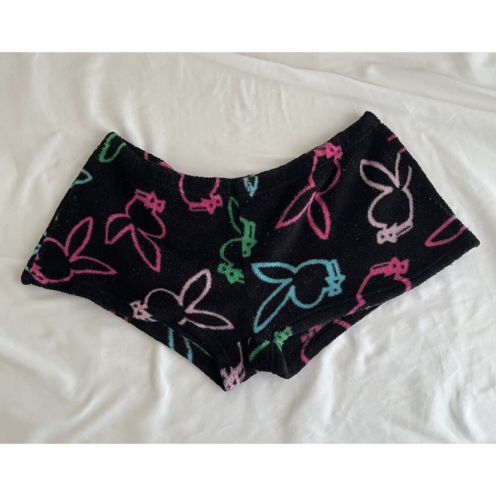 Rare Playboy Fuzzy Bunny Shorts Womens Size Large Black Original 2000s